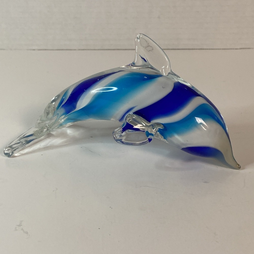 Murano Style Art Glass Dolphin Figurine‎ Striped Blue White 6" Paperweight Decor